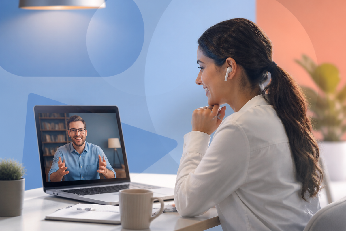 Aluno em aula online de inglês ao vivo